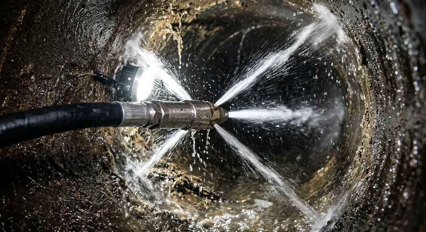 High-pressure hydro jetting nozzle cleaning sewer pipe for Trenchless Sewer Repair in Shoreview