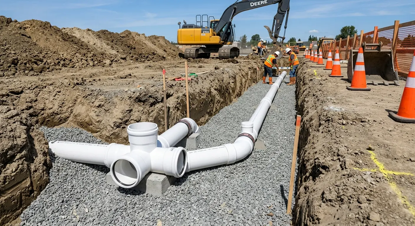 New PVC sewer pipe installation in open trench for Sewer Camera Inspection in Shoreview