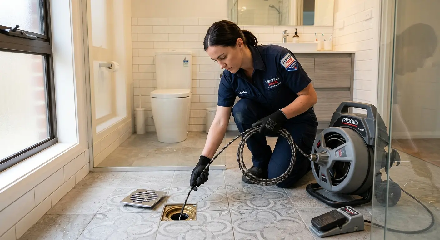 Technician clearing a bathroom floor drain for Sewer Line Installation in Shoreview
